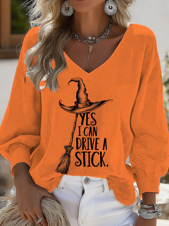 Women's Halloween YES I CAN DRIVE A STICK Print Casual Puff Sleeve Top