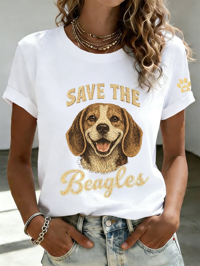 Women's Save The Beagles Print Round Neck T-shirt