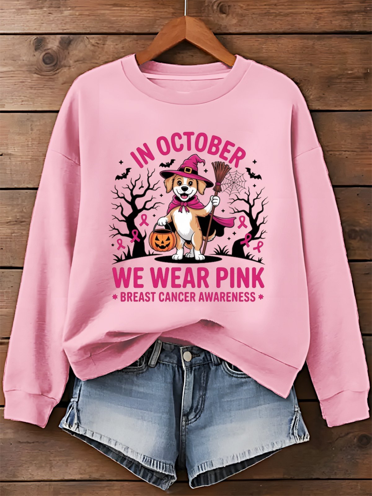 Dog In October We Wear Pink Art Printed Sweatshirt