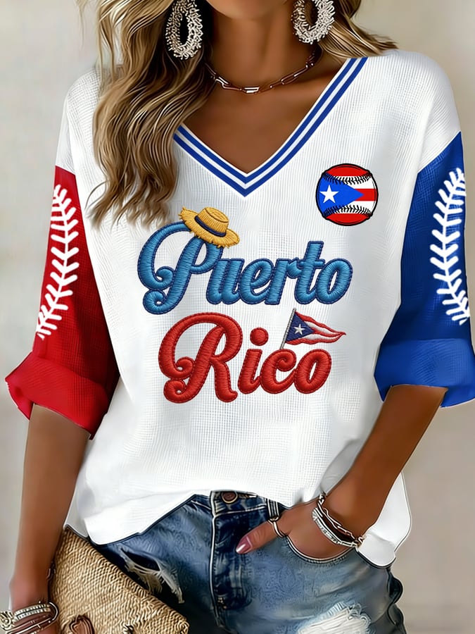Women's Casual Baseball Printed Waffle Top