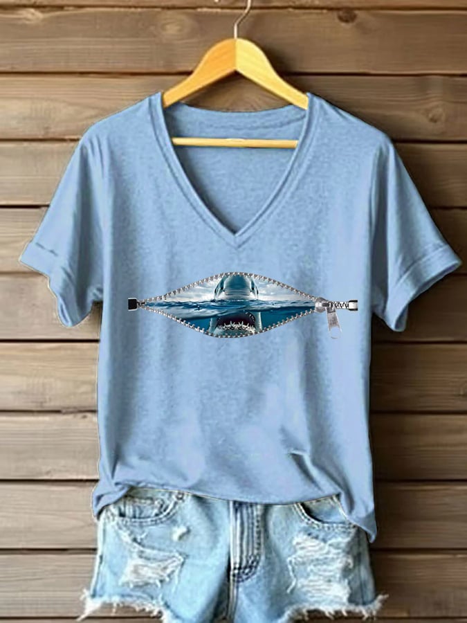 Women's Great White Shark Casual V-Neck T-Shirt