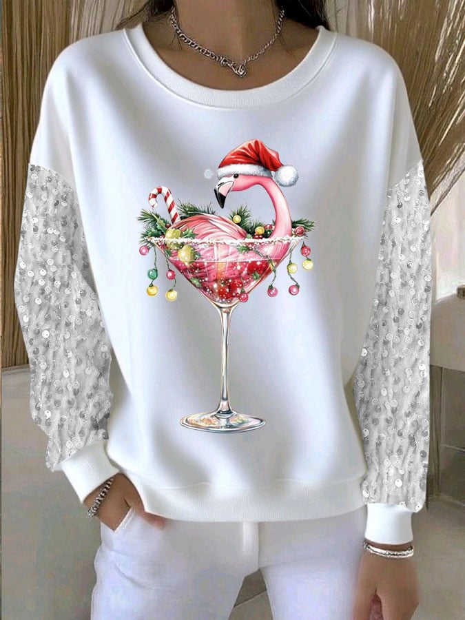 Women's Christmas Flamingo Print Sequin Sleeve Casual Hooded Sweatshirt