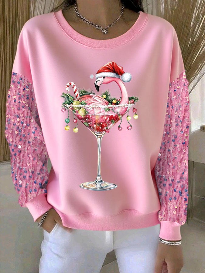 Women's Christmas Flamingo Print Sequin Sleeve Casual Hooded Sweatshirt