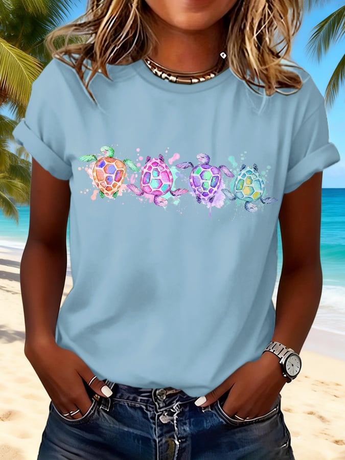 Retro Vacation Watercolor Sea Turtle Print T-Shirt