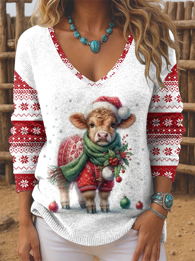Women's Highland Cow Christmas Print Long Sleeve Top