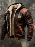 Men's Vintage Suede and Leather Hooded Warm Jacket