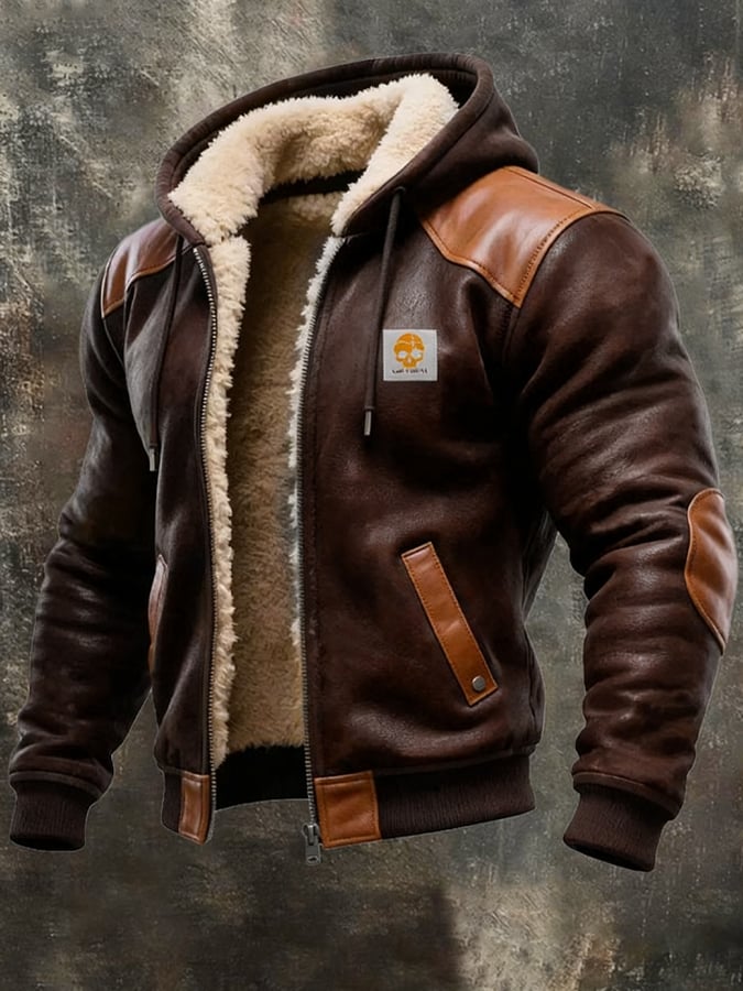 Men's Vintage Suede and Leather Hooded Warm Jacket