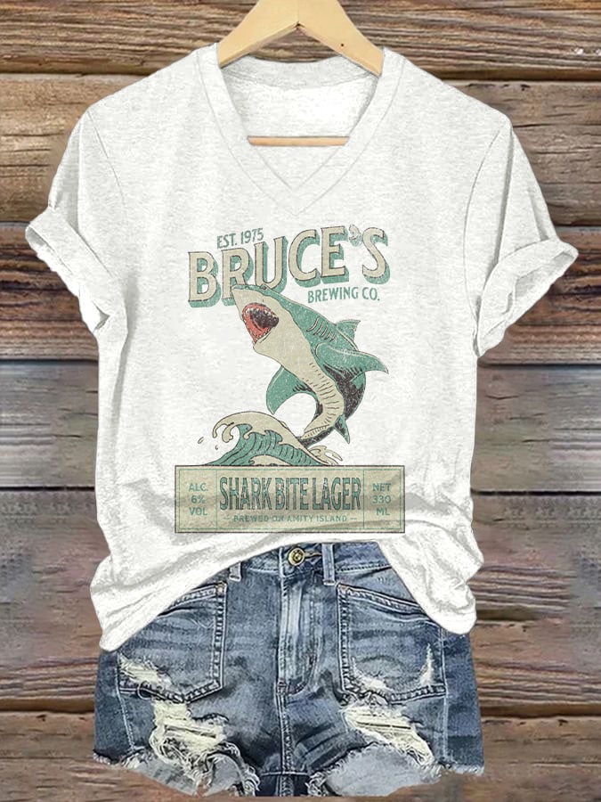 Women's Bruce's Brewing Co. Shark Bite Lager Print V Neck T-shirt