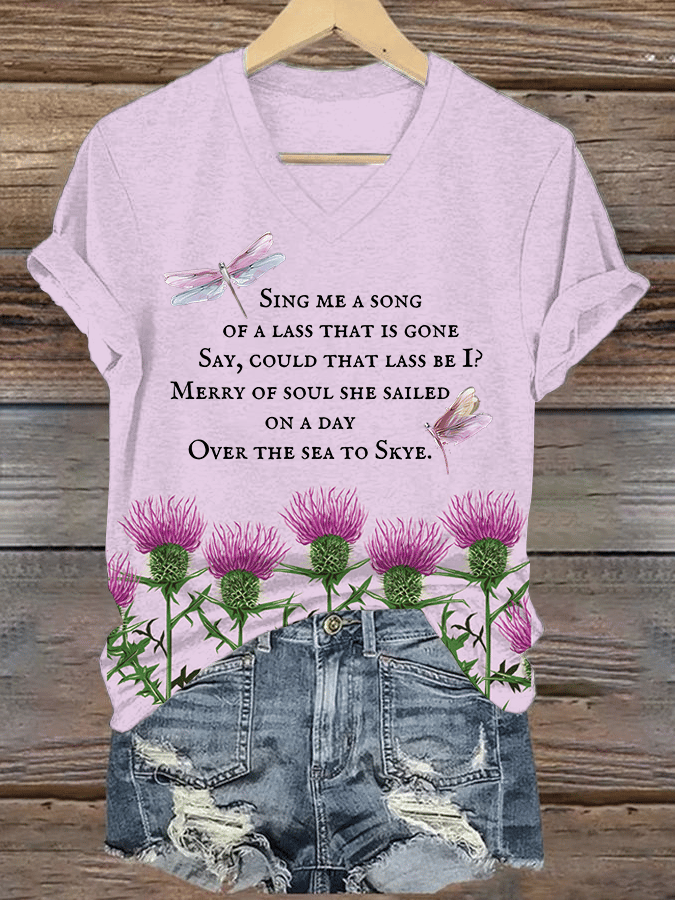 Women's Sing Me A Song Of A Lass That Is Gone Say Print V-Neck T-Shirt