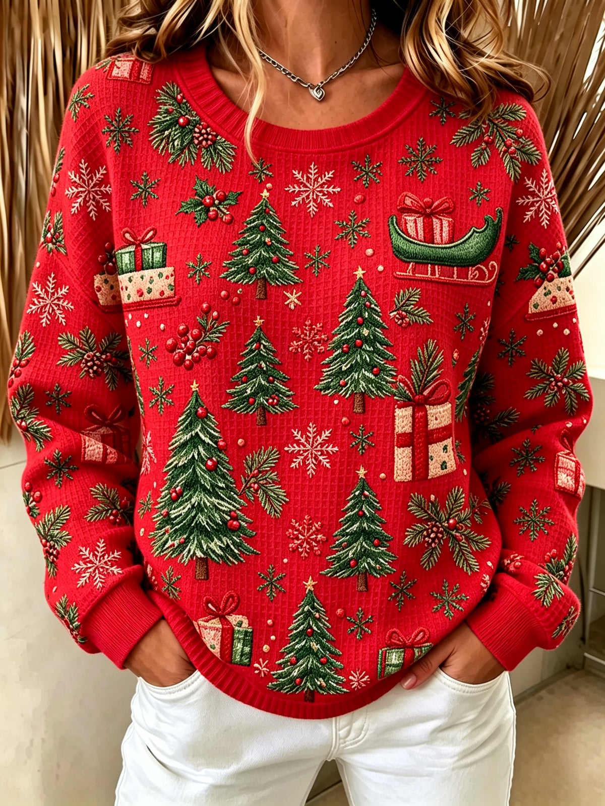 Women's Christmas Print Cozy Waffle Top