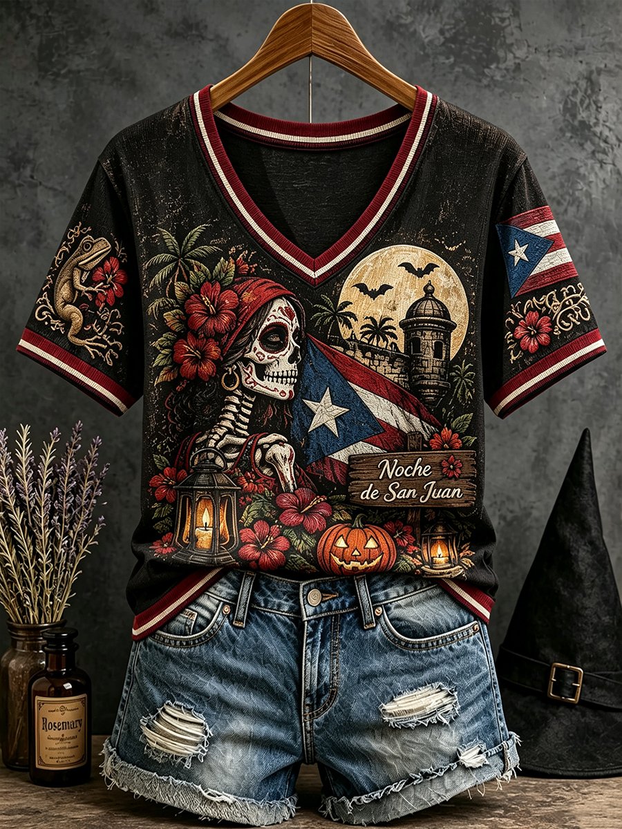 Women'S Puerto Rico-Themed Casual Printed Short-Sleeve T-Shirt For Halloween