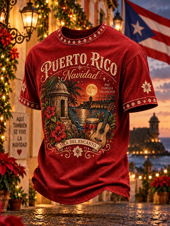 Men's Puerto Rico Christmas Print Round Neck T-shirt