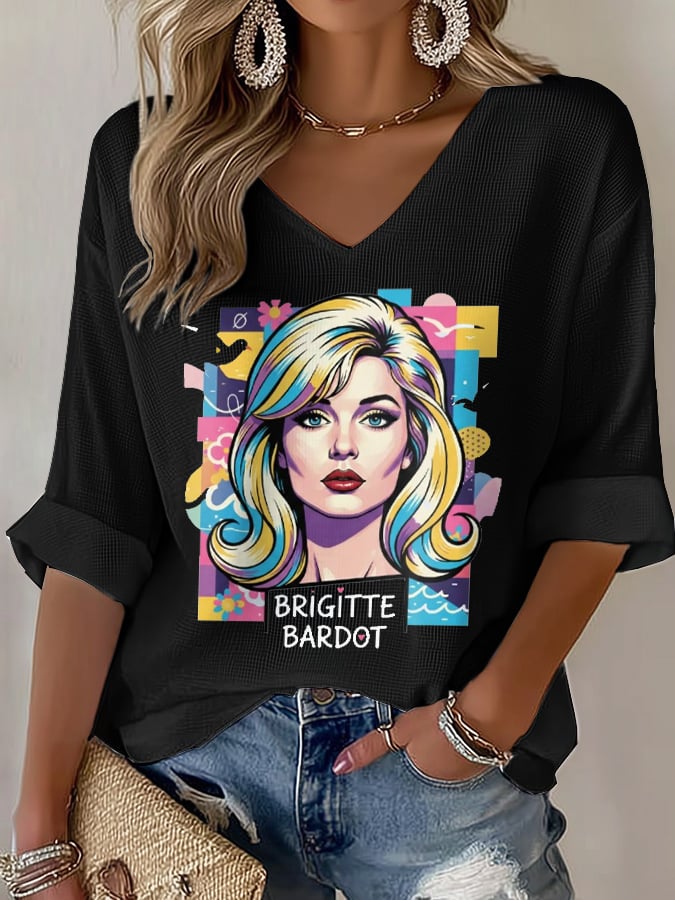 V-Neck Retro B.B. Watercolor Painting Print T-Shirt