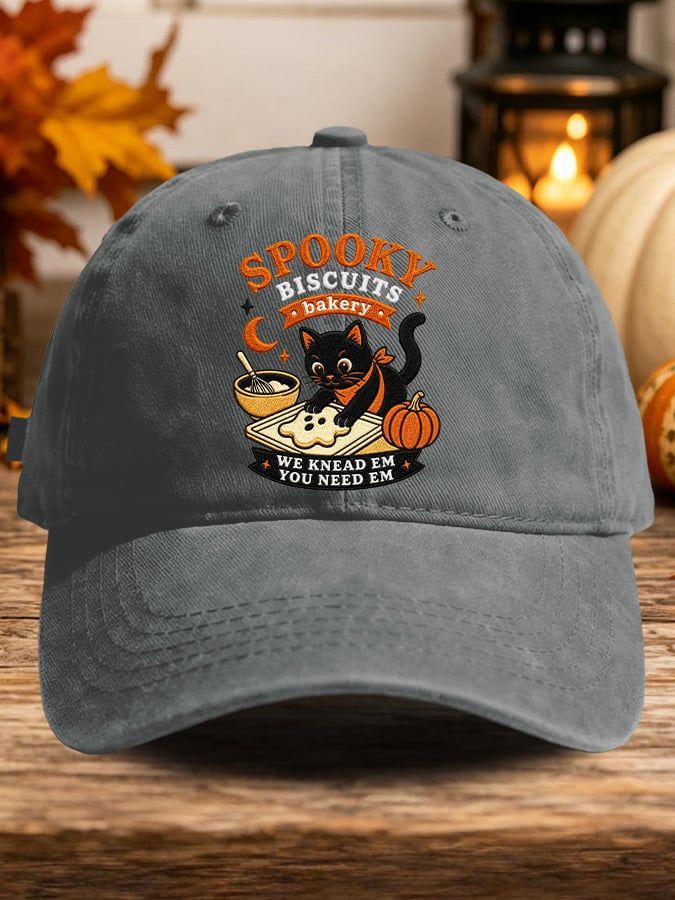 Retro Halloween Cat Baking Pumpkin Ghost Spooky Biscuits Bakery We Knead Em You Need Em Print Baseball Cap