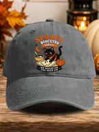 Retro Halloween Cat Baking Pumpkin Ghost Spooky Biscuits Bakery We Knead Em You Need Em Print Baseball Cap