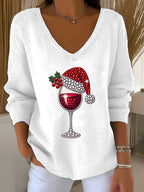 Women's Wine Glass With Santa Hat Print V Neck Sweater