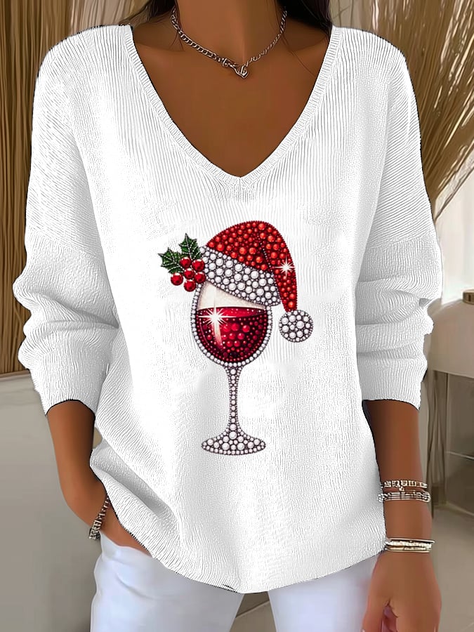 Women's Wine Glass With Santa Hat Print V Neck Sweater