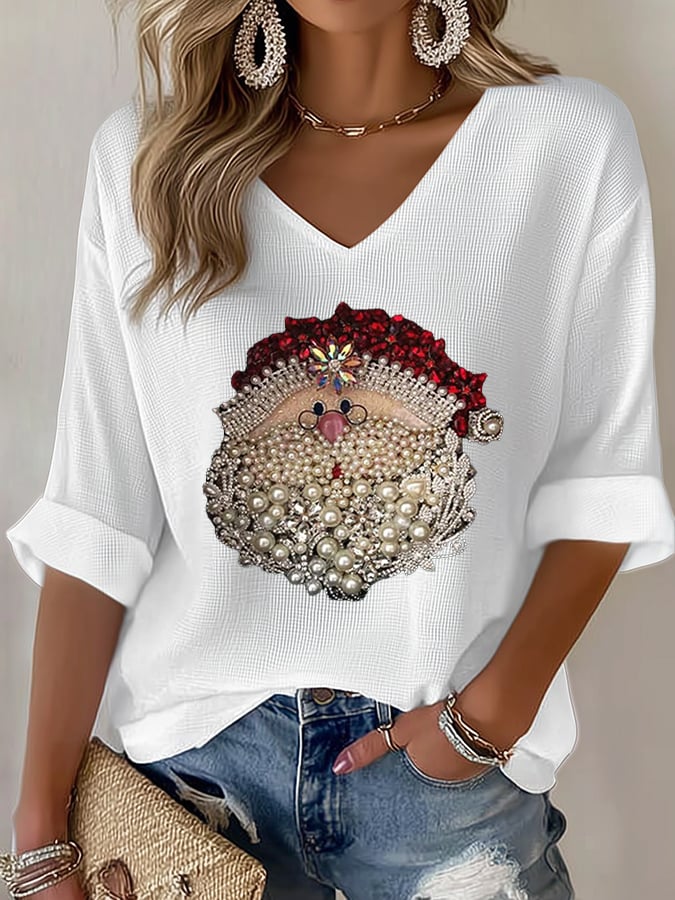 Women's Retro Santa Head Print Shirt