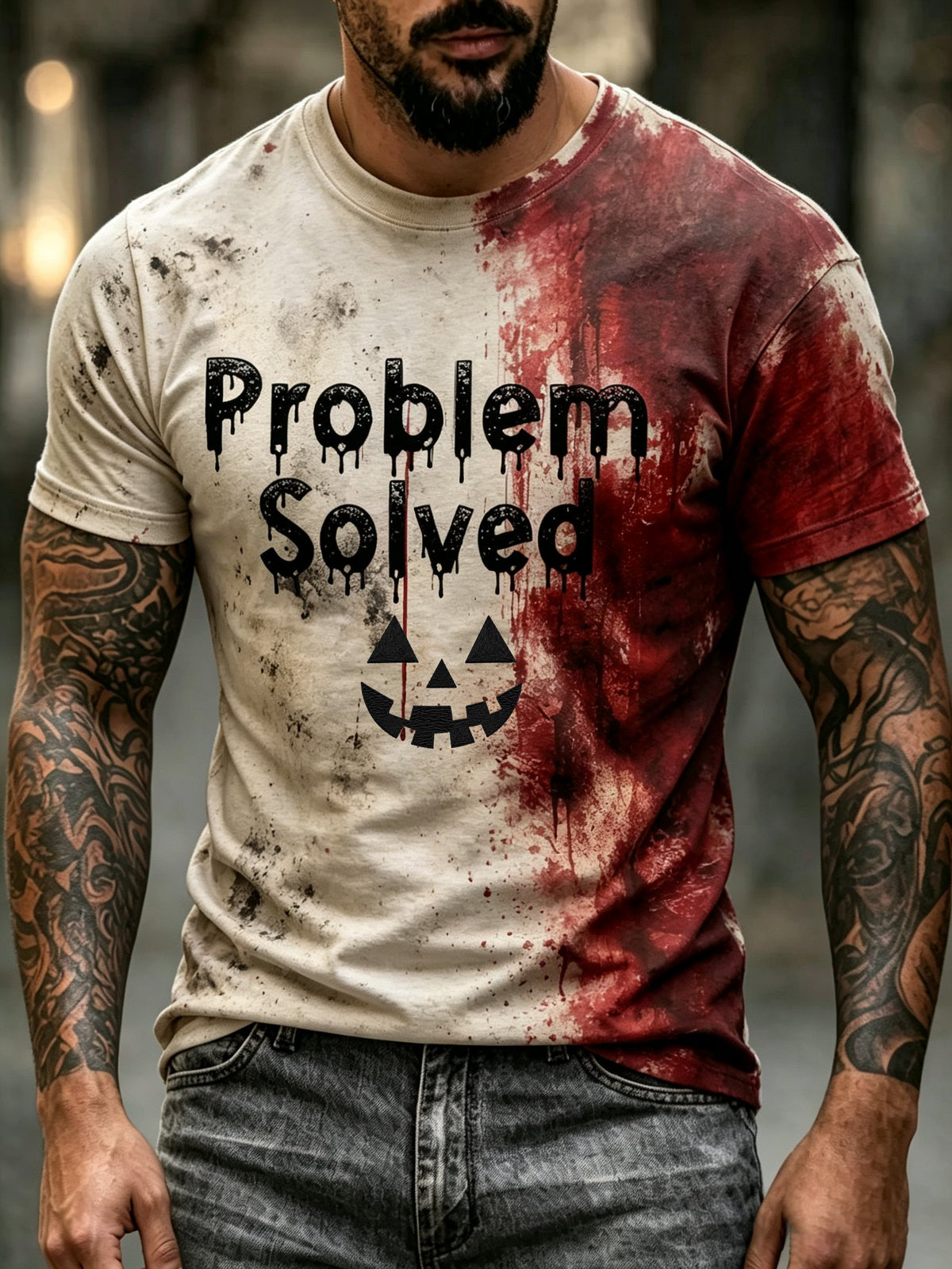 Men's Bloody Problem Solved Halloween Print T-Shirt