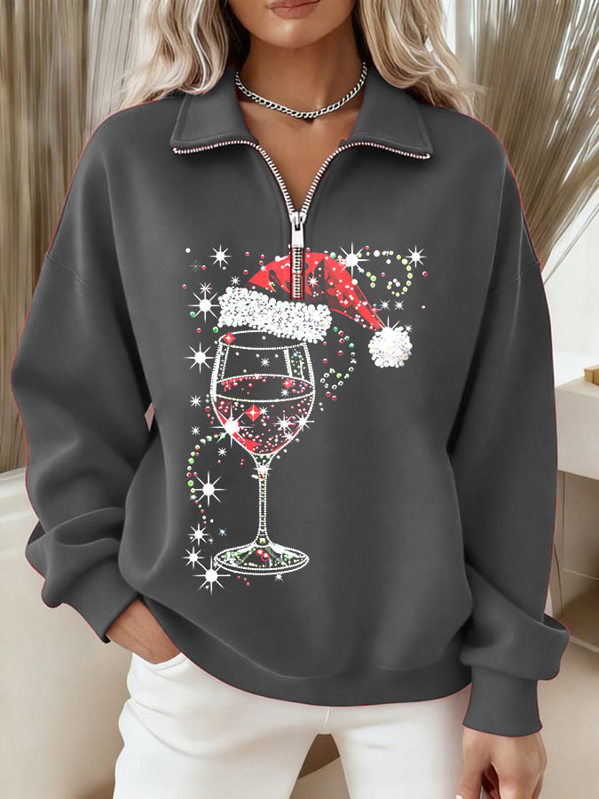 Women's Christmas Hat Wine Glass Long Sleeve Zipper Sweatshirt