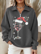 Women's Christmas Hat Wine Glass Long Sleeve Zipper Sweatshirt