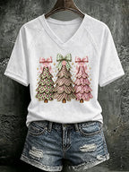 V Neck Retro FDT Pink Christmas Tree With Leopard Print T-Shirt
