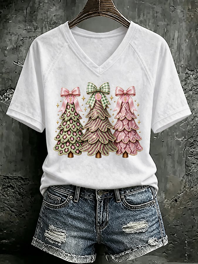 V Neck Retro FDT Pink Christmas Tree With Leopard Print T-Shirt