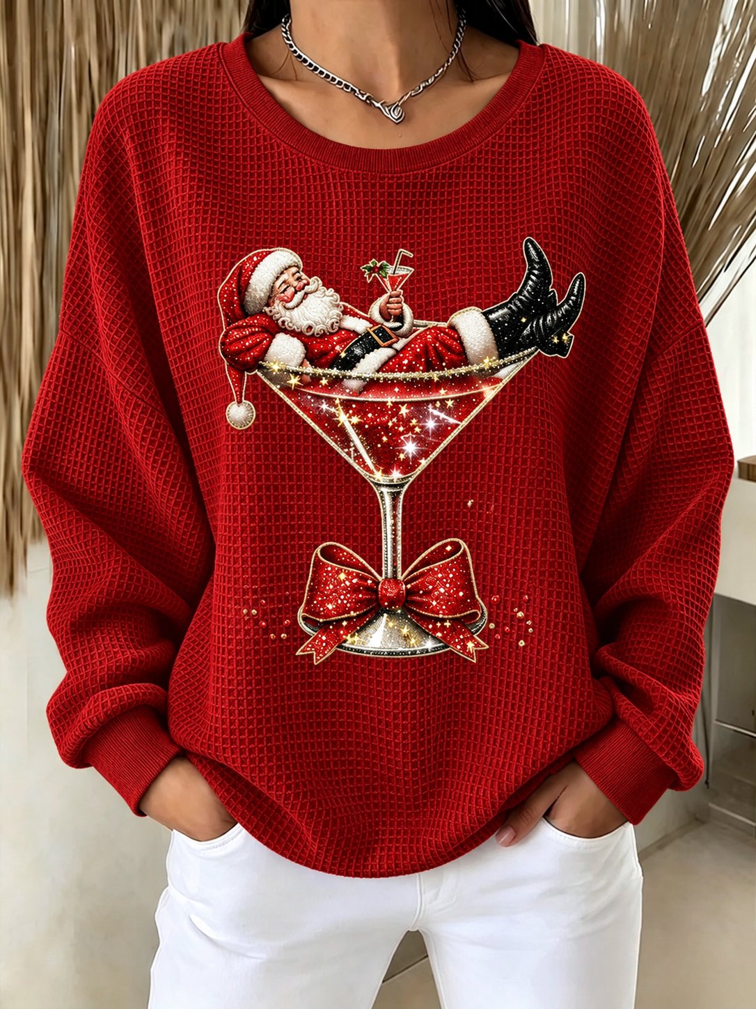 Women's Christmas Faith Print Casual Waffle Long-Sleeve Top