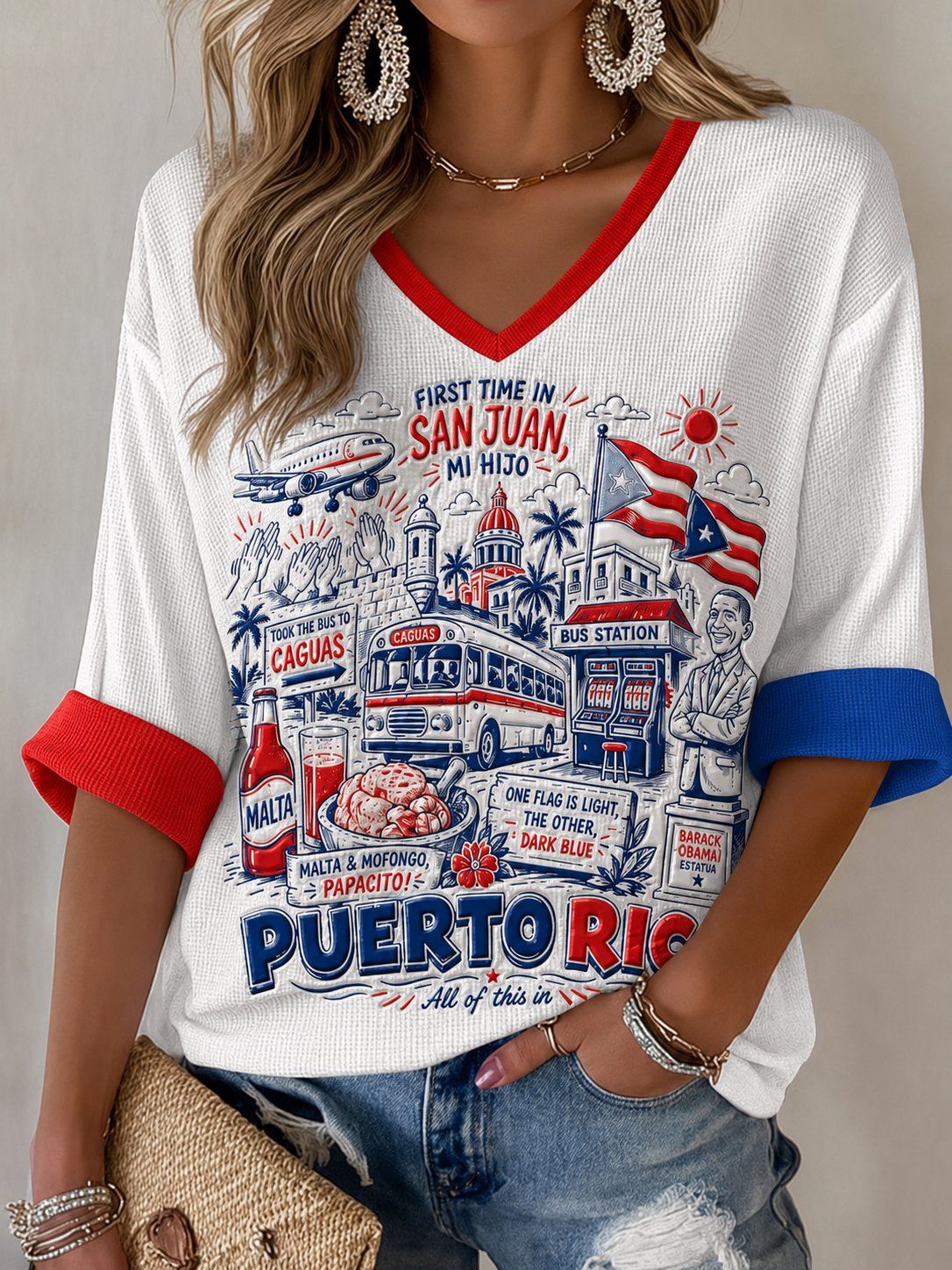 Women's Puerto Rico Art Casual V-Neck T-Shirt