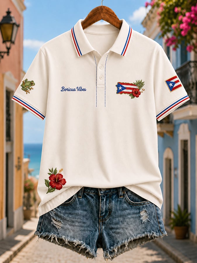 Women's Casual Puerto Rico Print Polo Shirt