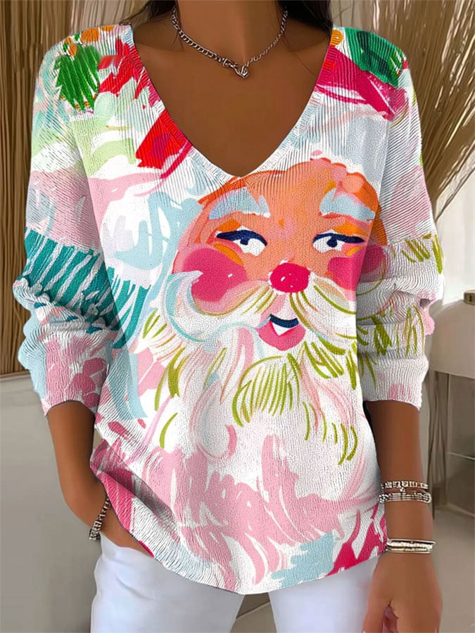 Women's Retro Christmas Santa Claus Print Long Sleeve Top