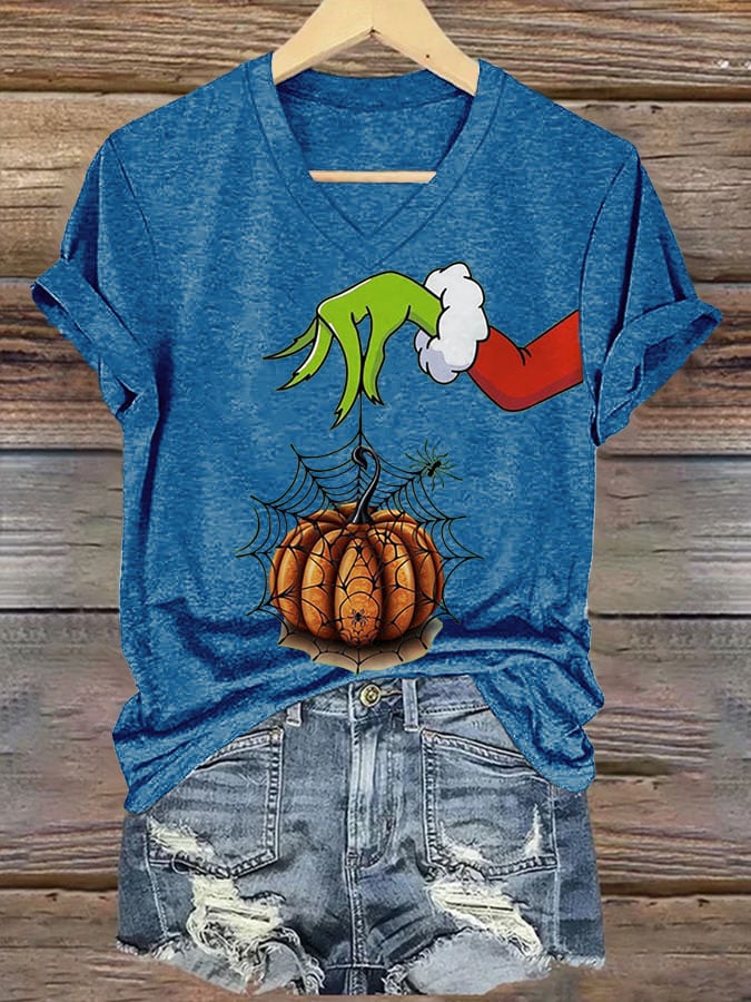 Women's Leopard Pumpkin Print V Neck T-Shirt