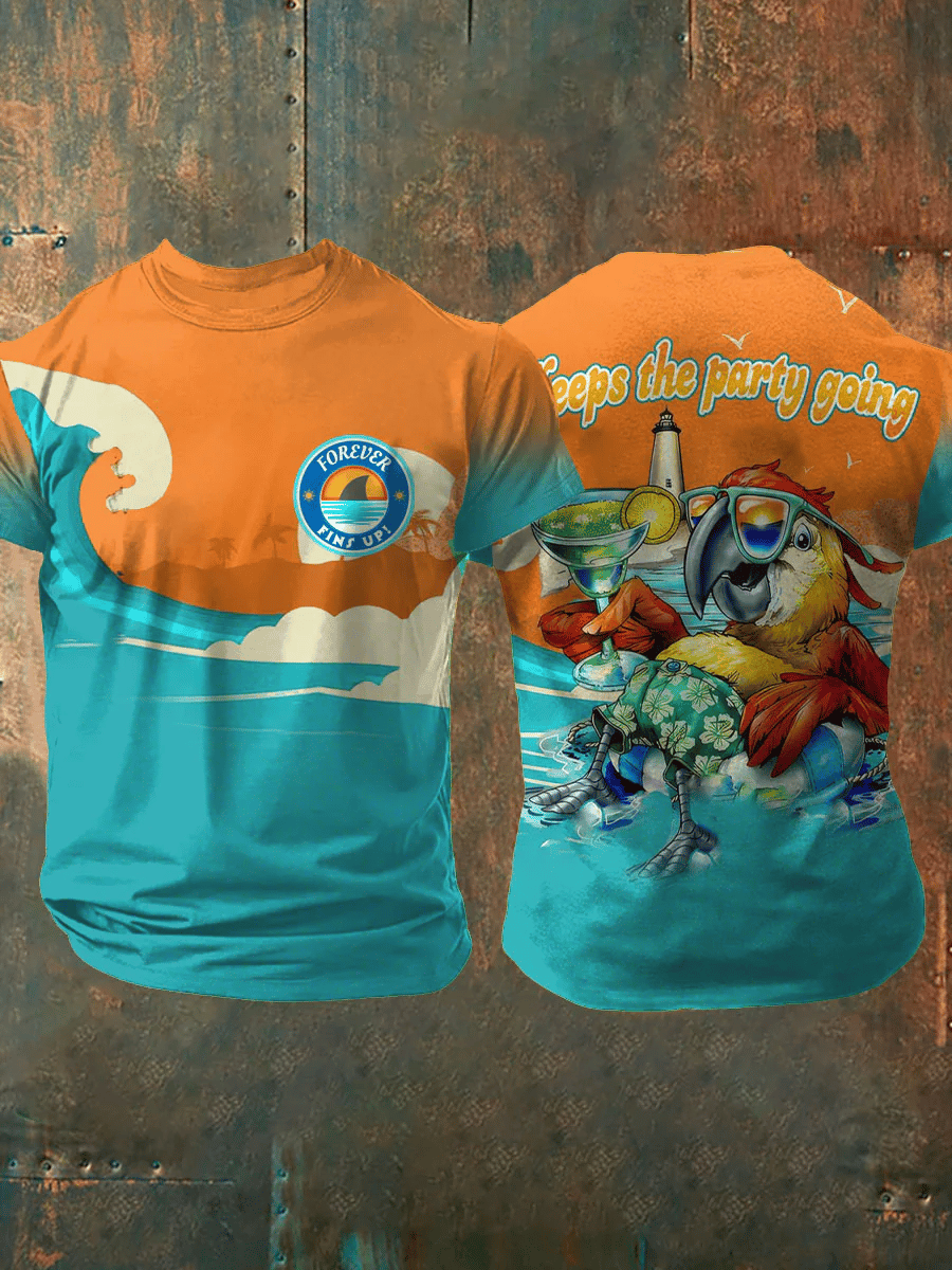 Men's Retro Muscic Lover Parrot Keep The Party Going Print T-Shirt
