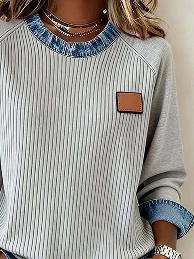 Women'S Casual Contrast Color Stitching Pullover Sweatshirt
