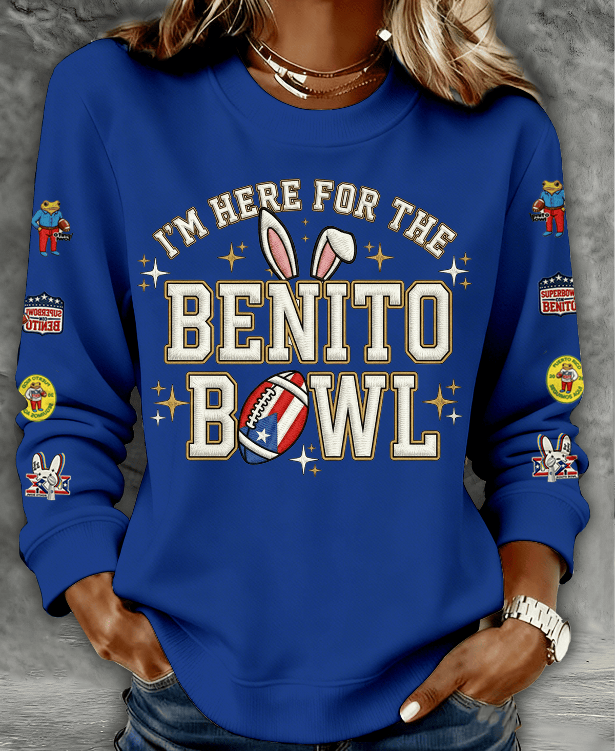 Women's Bunny Bowl Print Crew Neck Long-Sleeve Sweatshirt