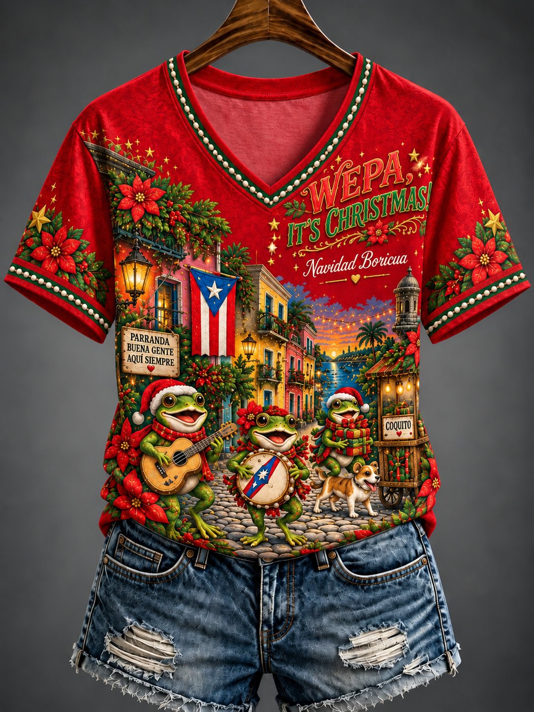 Women's Puerto Rico Christmas Print V Neck T-Shirt