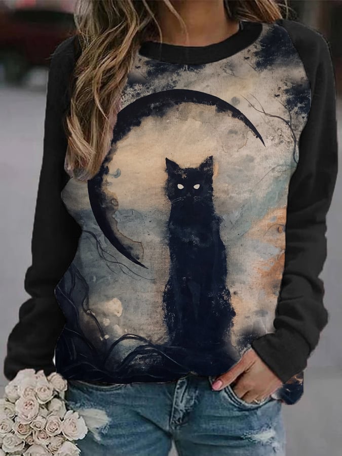 Fashionable Halloween Art Cat Print Women'S Color Contrast Top