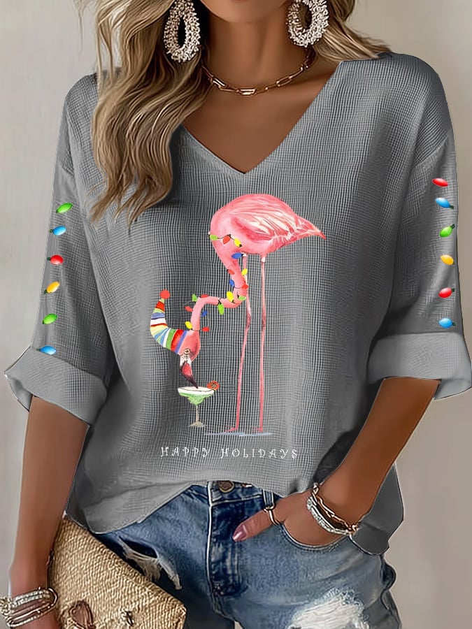Women's casual Christmas pink flamingo waffle long-sleeved T-shirt