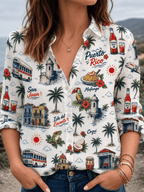 Women's Puerto Rico Print Casual Collared Shirt