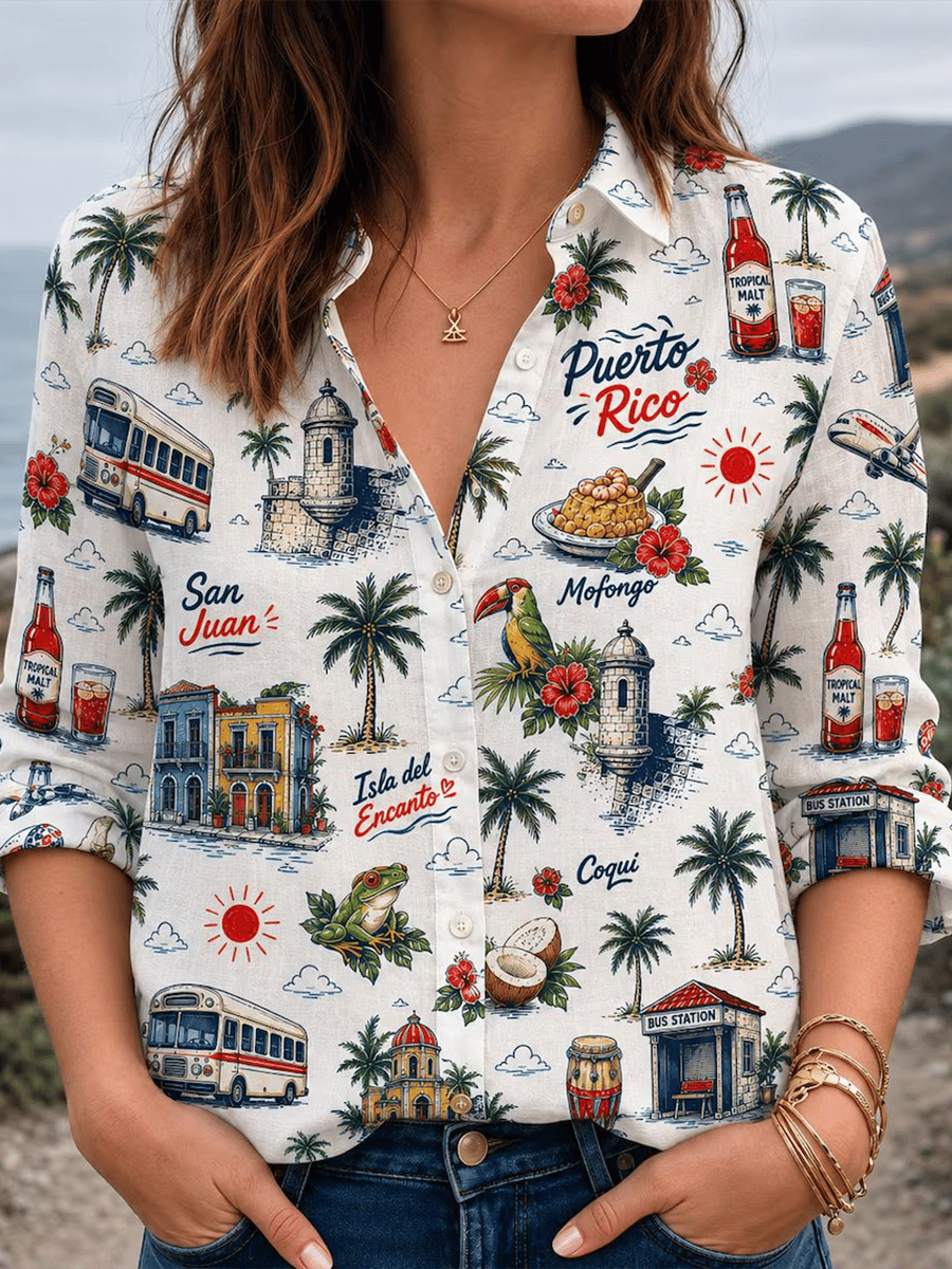 Women's Puerto Rico Print Casual Collared Shirt