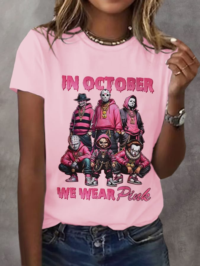 In October We Wear Pink Movies Halloween Art Print V-neck T-shirt