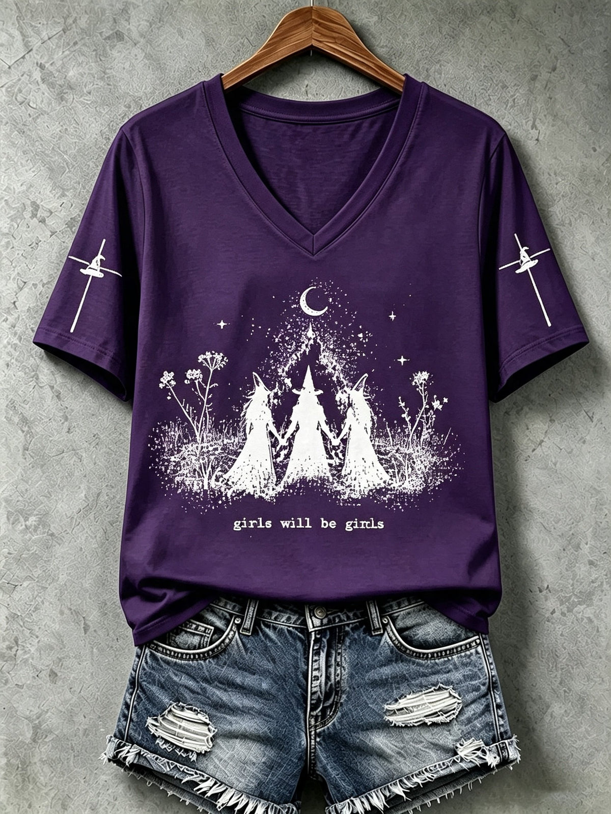 Women's Halloween Girls Will Be Girls Witch Print V Neck T-Shirt