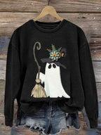 Women's Ghost Witch With Broomstick Printed Casual Round Neck Sweatshirt