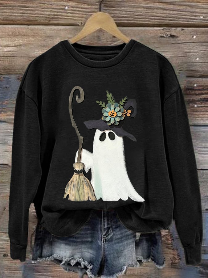Women's Ghost Witch With Broomstick Printed Casual Round Neck Sweatshirt