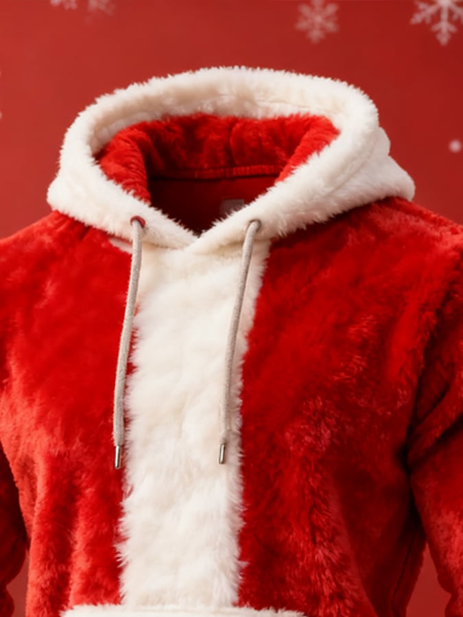 Men's Patchwork Plush Christmas Hooded Sweatshirt