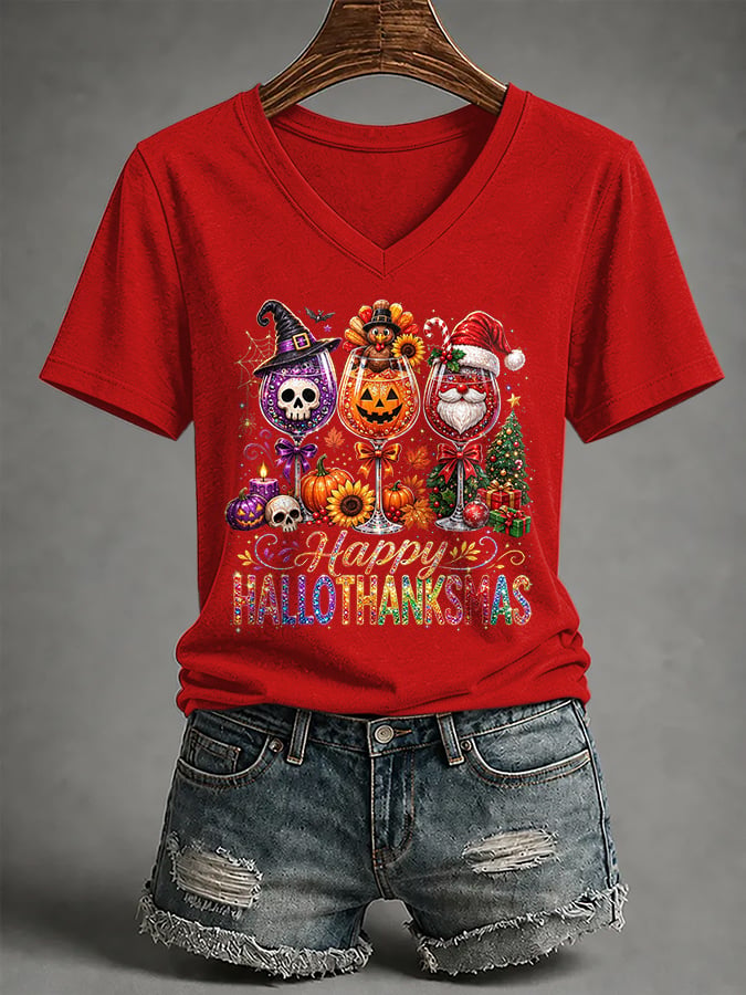 🔥🔥2nd 50% Off 🔥🔥V-Neck Retro Happy Hallothanksmas Halloween Thanksgiving Christmas  Red Wine Glass Skull Turkey Santa Claus Print T-Shirt