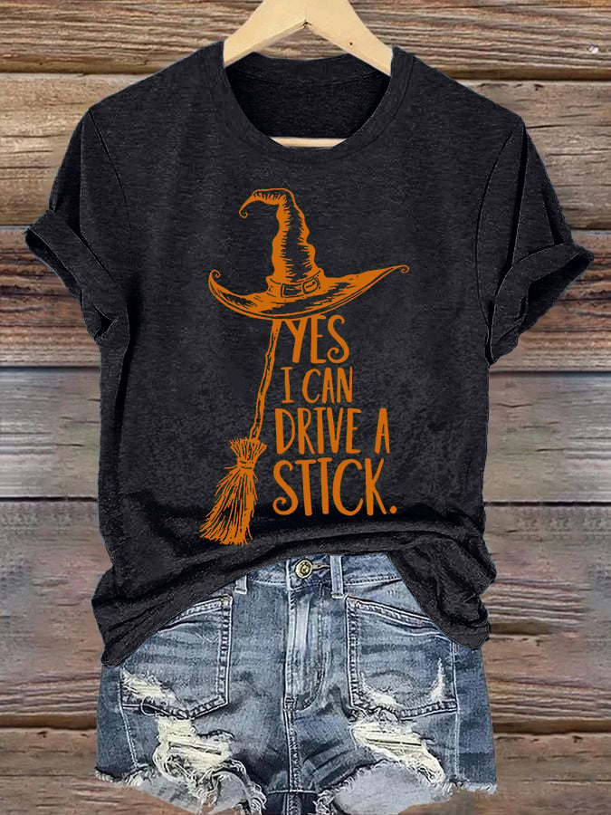Women's Yes I Can Drive A Stick Print Round Neck T-shirt