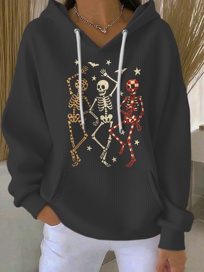 Halloween Dancing Skeletons Print Hoodie - Spooky, Casual, Women's Pullover Sweatshirt