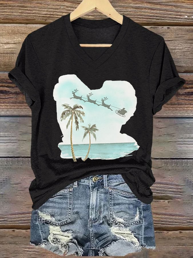 V-neck Retro Florida Merry Christmas Beach Palm Tree Print T-Shirt