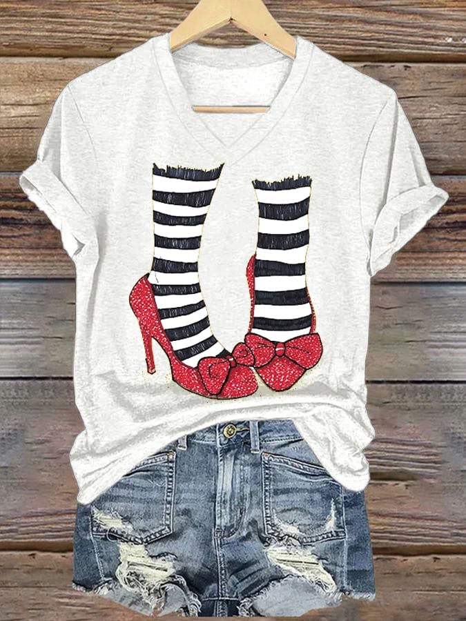 Women's Halloween Red Shoes Printed Casual T-Shirts